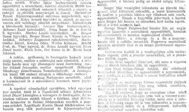 Részlet a „A dunántúli zsidóüldözések aktáiból c. cikkből (Forrás: Egyenlőség, 1919. 09. 18., 4. o.)
